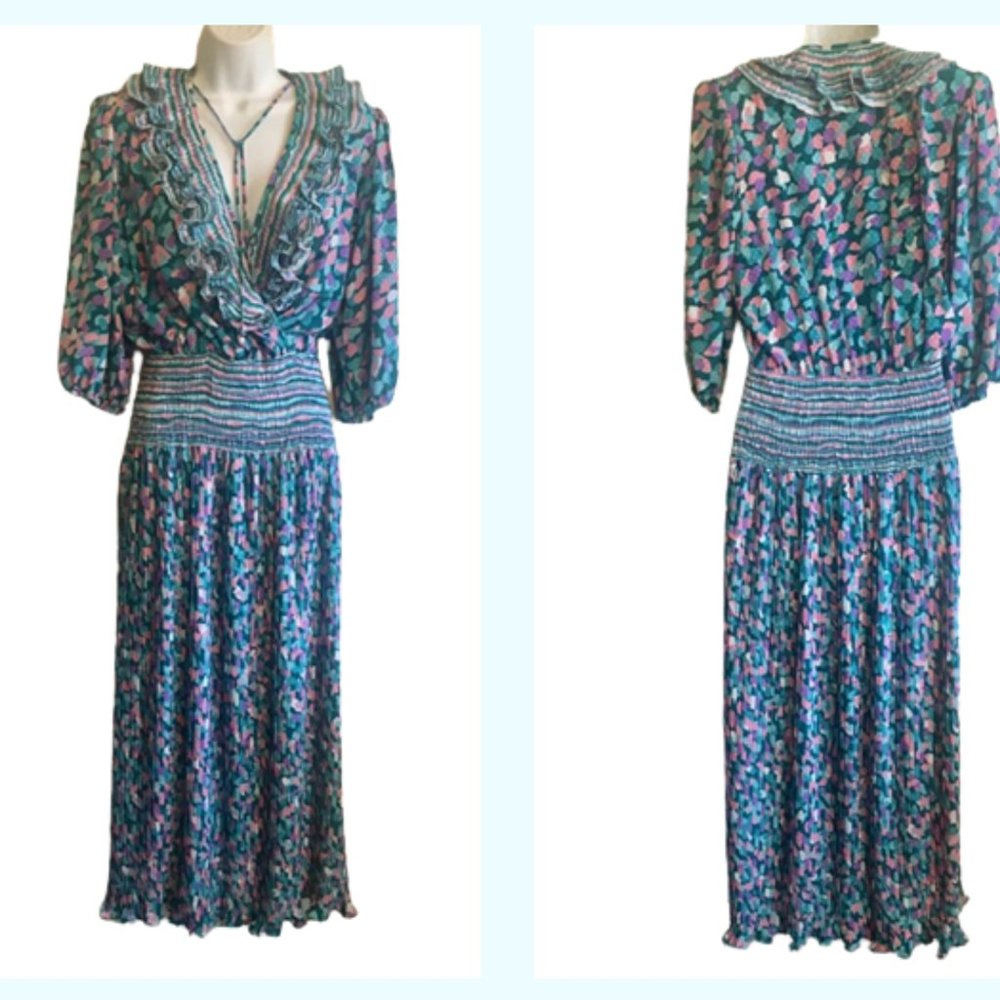 Dress Susan Freis Neiman Marcus Vintage 1980s Midi Deep V Neck Medium